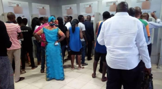 Crowd in a banking hall